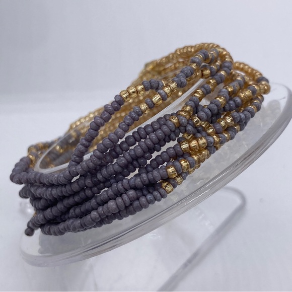 Multistrand Beaded Stretch Bracelet Gray & Gold Tone Beads - Picture 5 of 6